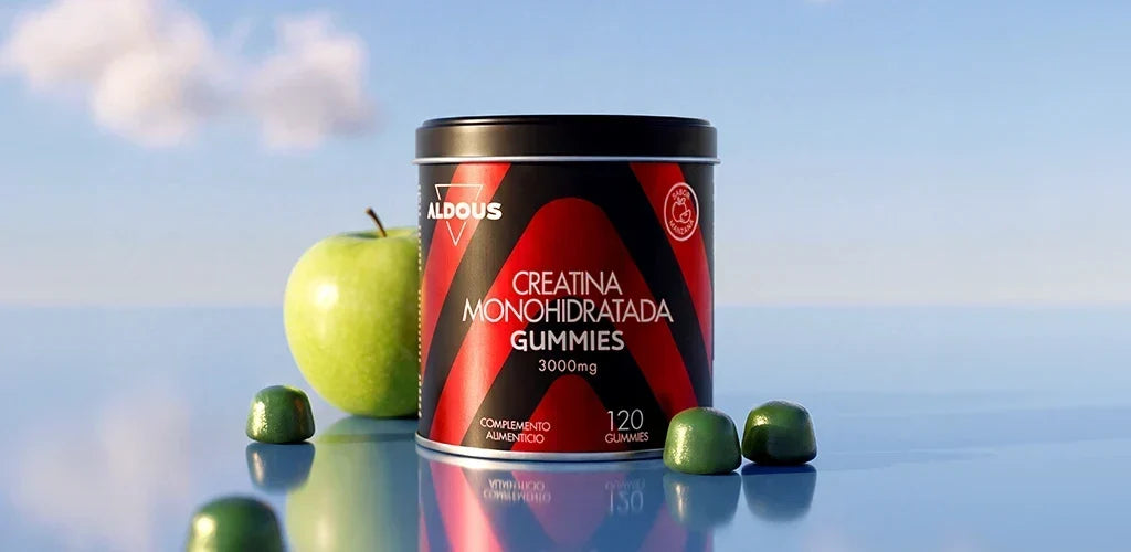 frasco de gomas de creatina da Aldous com uma maçã (as gomas têm sabor a maçã)