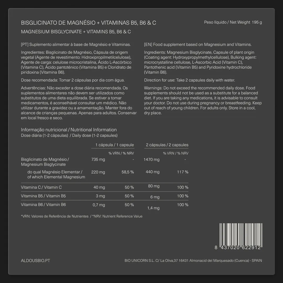 Bisglicinato de Magnésio com Vitamina B5, B6 e C