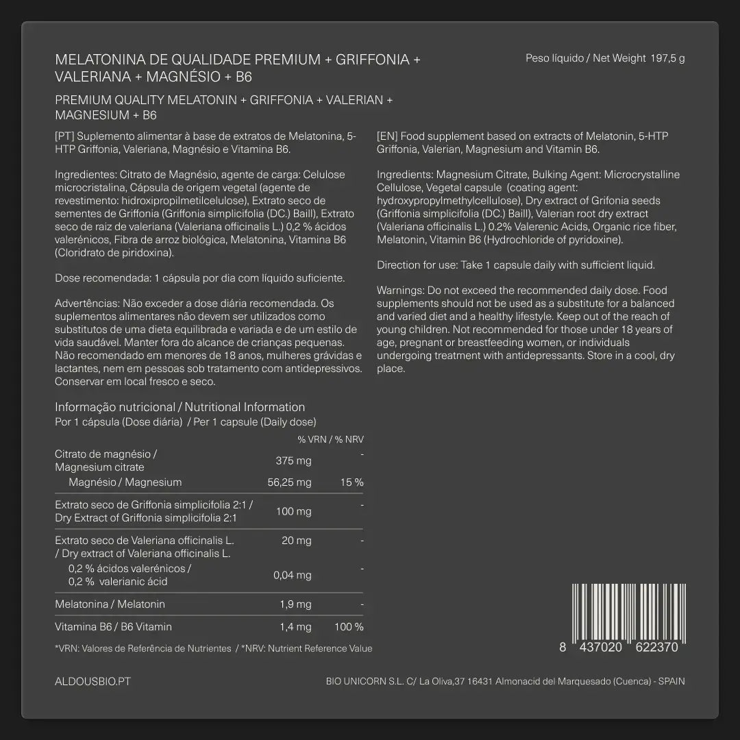 Melatonina com Magnésio, Griffonia, Valeriana e Vitamina B6