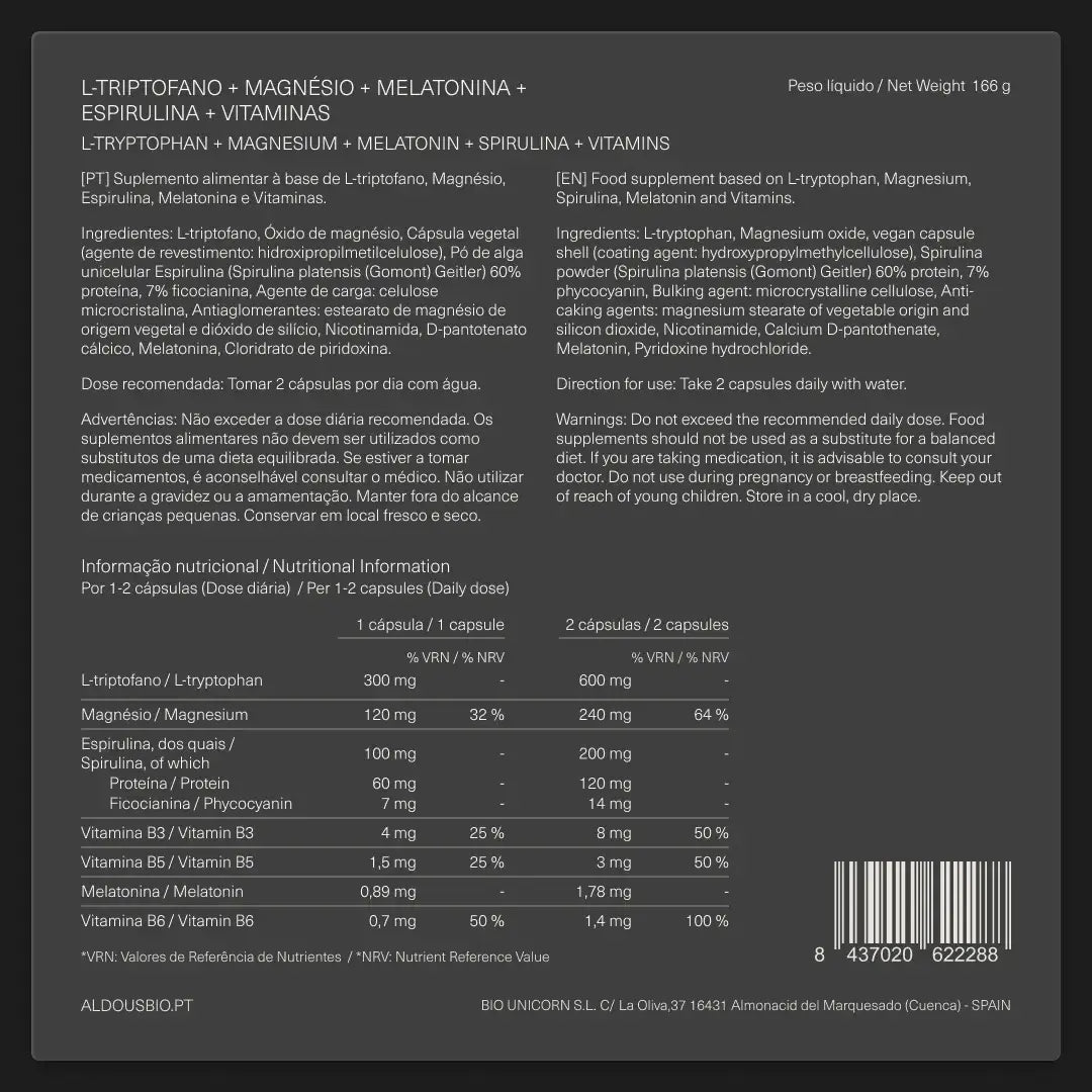 Triptofano com Melatonina, Magnésio, Espirulina e Vitaminas
