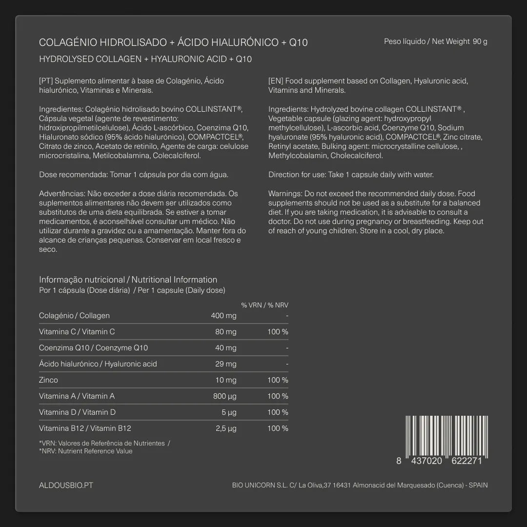 Colagénio Hidrolisado com Ácido Hialurónico, Coenzima Q10, Zinco e Vitaminas