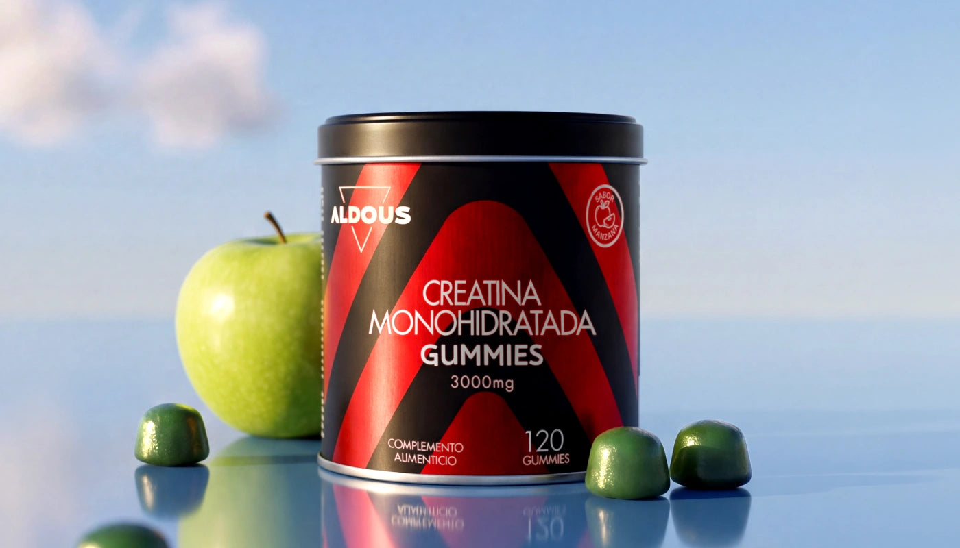 frasco de gomas de creatina com sabor a maçã, com uma maçã ao lado